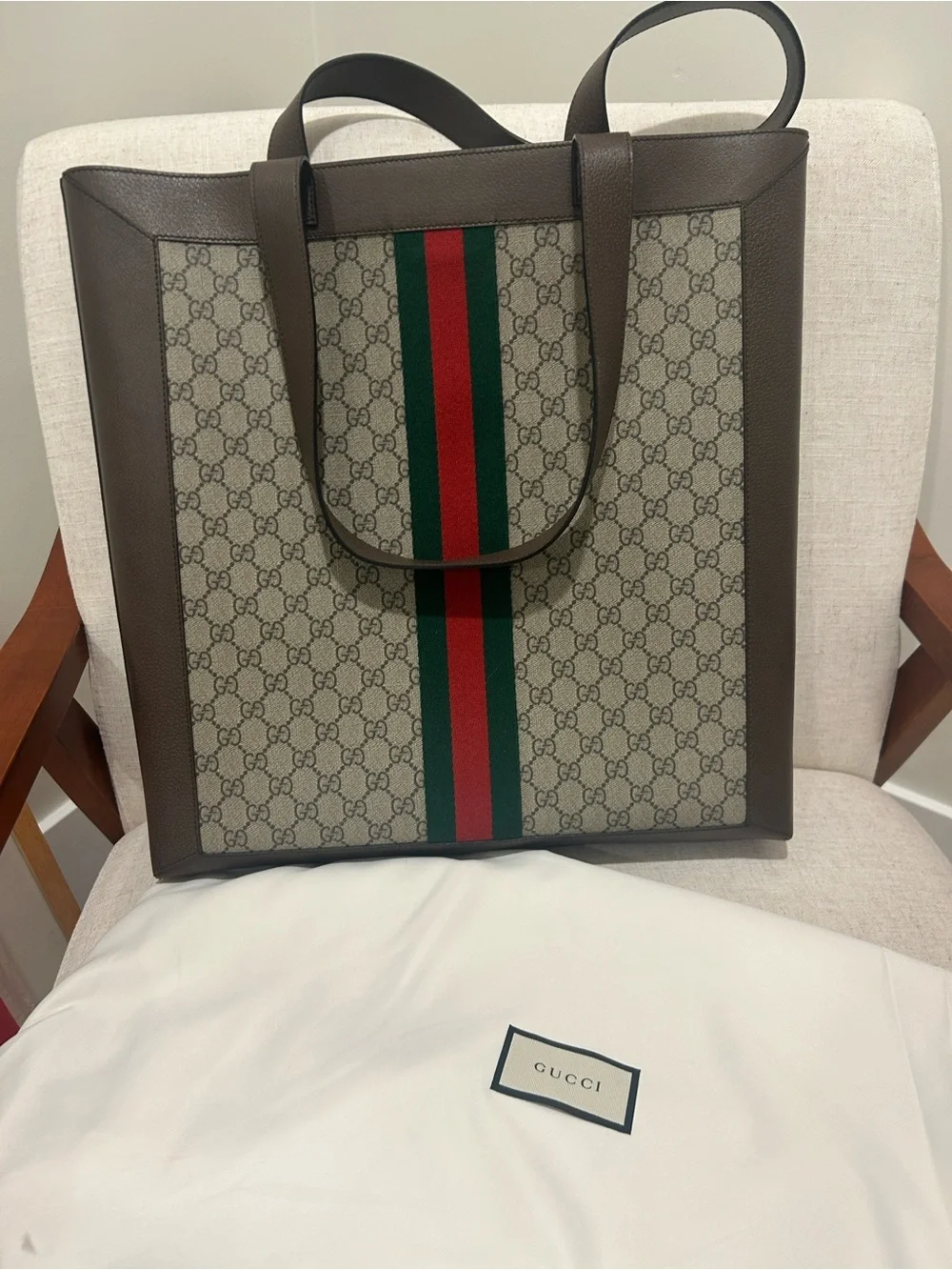 Gucci Brown GG Ophidia Supreme Tote with Web Stripe